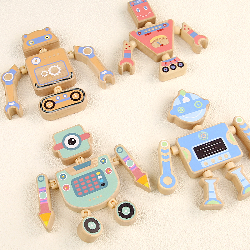 Creative DIY snap building blocks Cartoon three-dimensional jigsaw puzzle building blocks Puzzle toys Solid wood disassembly robot set Export Certificate CE CPC three optional animal dinosaur robot Application Scenario