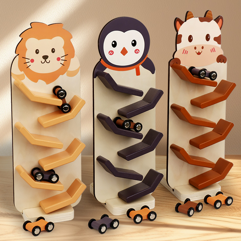 Export CE CPC Certificate for Children Solid wood early Education Wooden Slide Glide car Cartoon animal baby small car model toy Lion Penguin calf three optional animal slide cars full figure