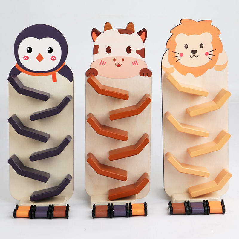 Export CE CPC Certificate for Children Solid wood early Education Wooden Slide Glide car Cartoon animal baby small car model toy Lion Penguin calf three optional animal slide cars Item Picture