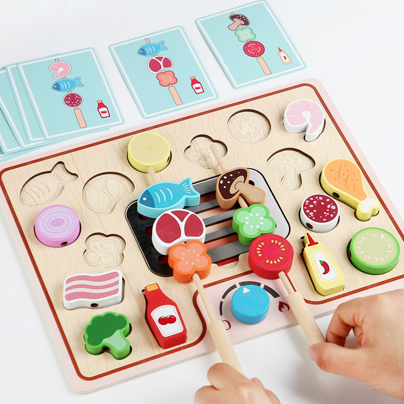 Family barbecue Skewer children wooden early education fun simulation parent-child kitchen barbecue three-dimensional jigsaw puzzle puzzle exercise fine animal export CE CPC certificate details Picture