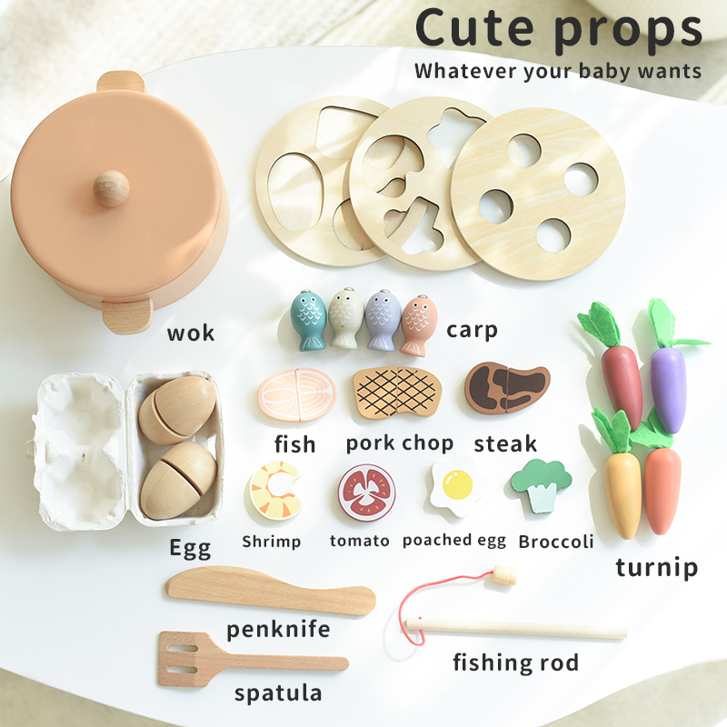 CE CPC wooden children's simulation home cooking meal kitchen set parent-child educational fishing vegetables multi-functional interactive toy creative pot set Che Che le wooden toys Specification drawing