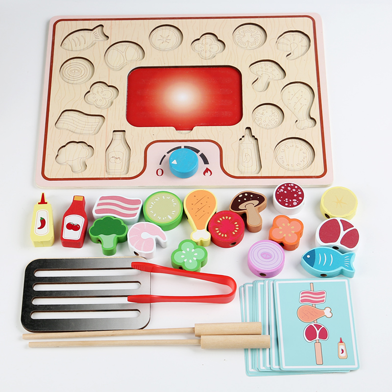Family barbecue Skewer children wooden early education fun simulation parent-child kitchen barbecue three-dimensional jigsaw puzzle puzzle exercise fine animal export CE CPC certificate Application Scenario