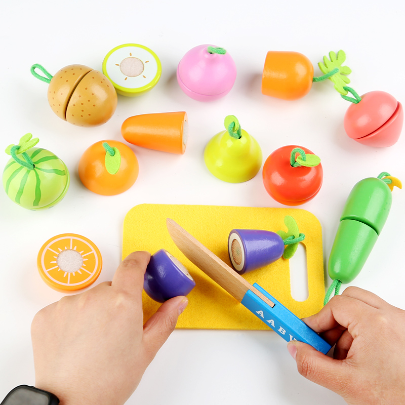 Fruit and vegetable string cutting music export CE CPC Wooden Velcro over every cut fruit and vegetables children's big middle class educational simulation toy gift toy knife children's simulation wooden Montessori set details Picture