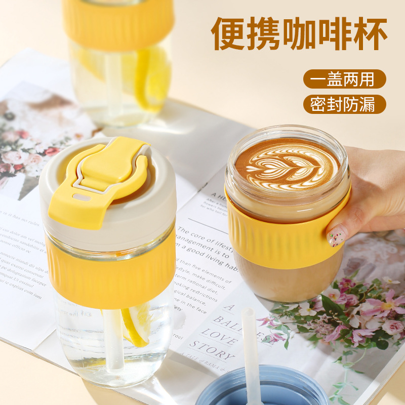 网红玻璃双饮杯批发新款玻璃水杯吸管杯卡通可爱双用吸管情侣水杯 玻璃杯详情图3