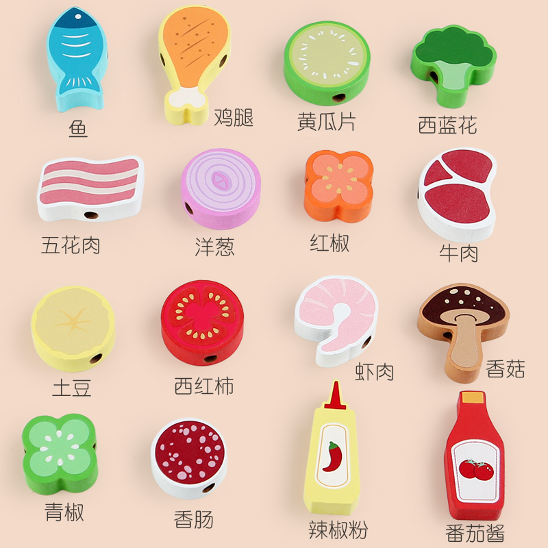 Family barbecue Skewer children wooden early education fun simulation parent-child kitchen barbecue three-dimensional jigsaw puzzle puzzle exercise fine animal export CE CPC certificate Specification drawing