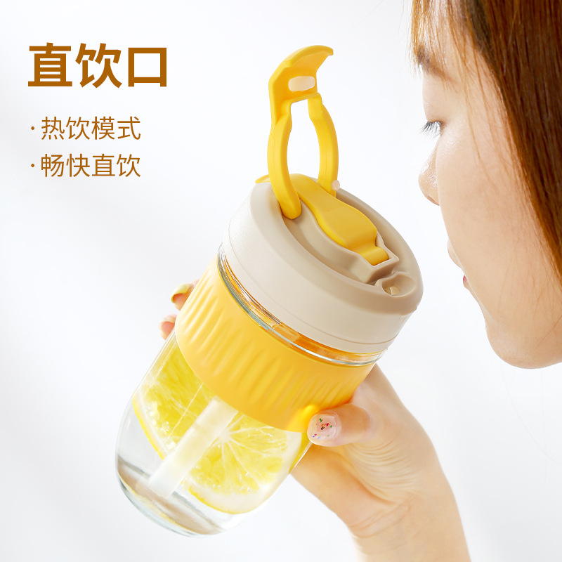 网红玻璃双饮杯批发新款玻璃水杯吸管杯卡通可爱双用吸管情侣水杯 玻璃杯详情图5