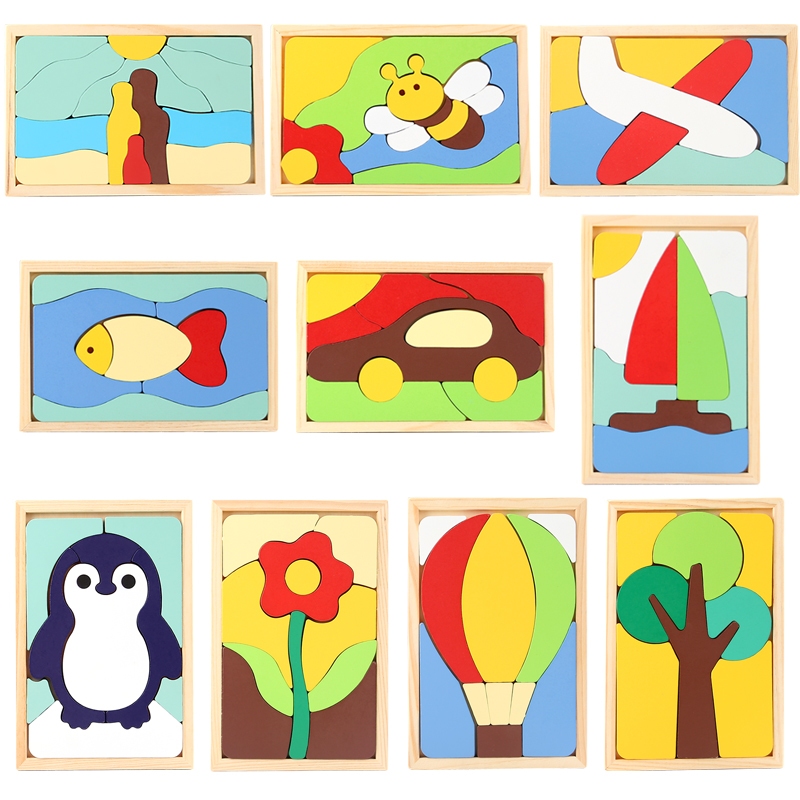 Children's wooden early education cartoon 3d three-dimensional animal car airplane clip jigsaw puzzle building blocks kindergarten baby educational toys Creative enlightenment building blocks puzzle ten optional Item Picture