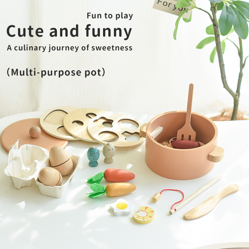 CE CPC木制儿童仿真过家家烹饪餐厨套装亲子益智钓鱼蔬菜多功能互动玩具创意锅具组切切乐木制玩具