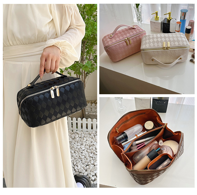 厂家批发化妆包女大容量棋盘格双拉防水收纳包手提高颜值洗漱包女详情图10