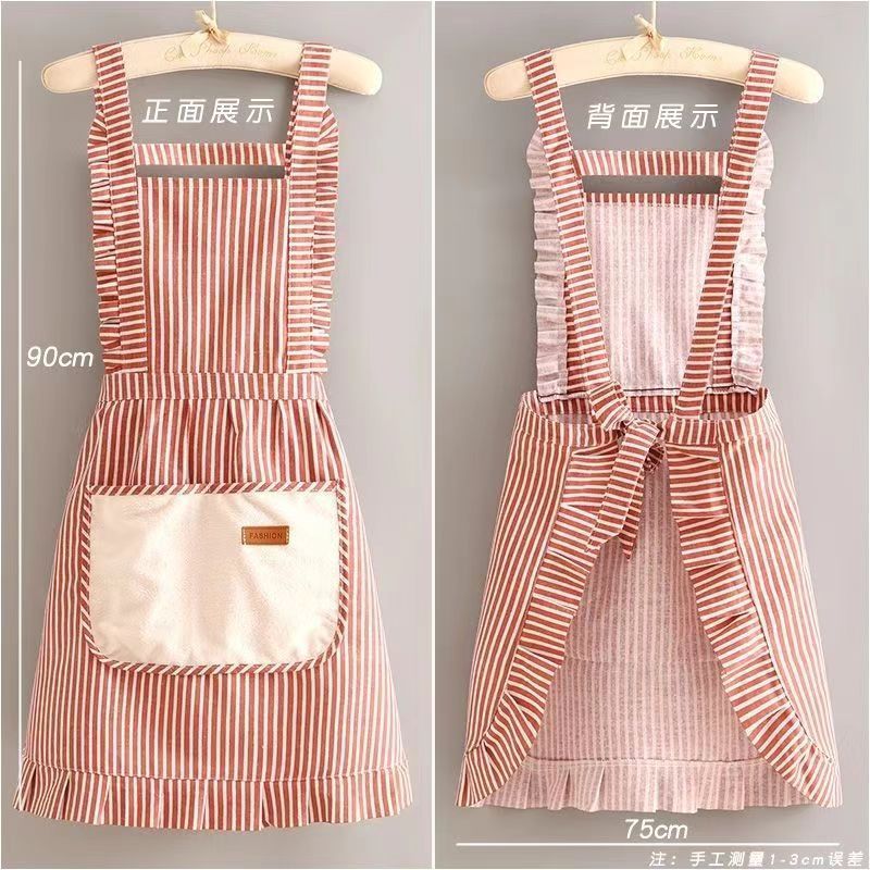 Cotton and linen princess dress apron, breathable and oil-proof, home cooking and dining work clothes, women's lace, stylish and fashionable Specification image