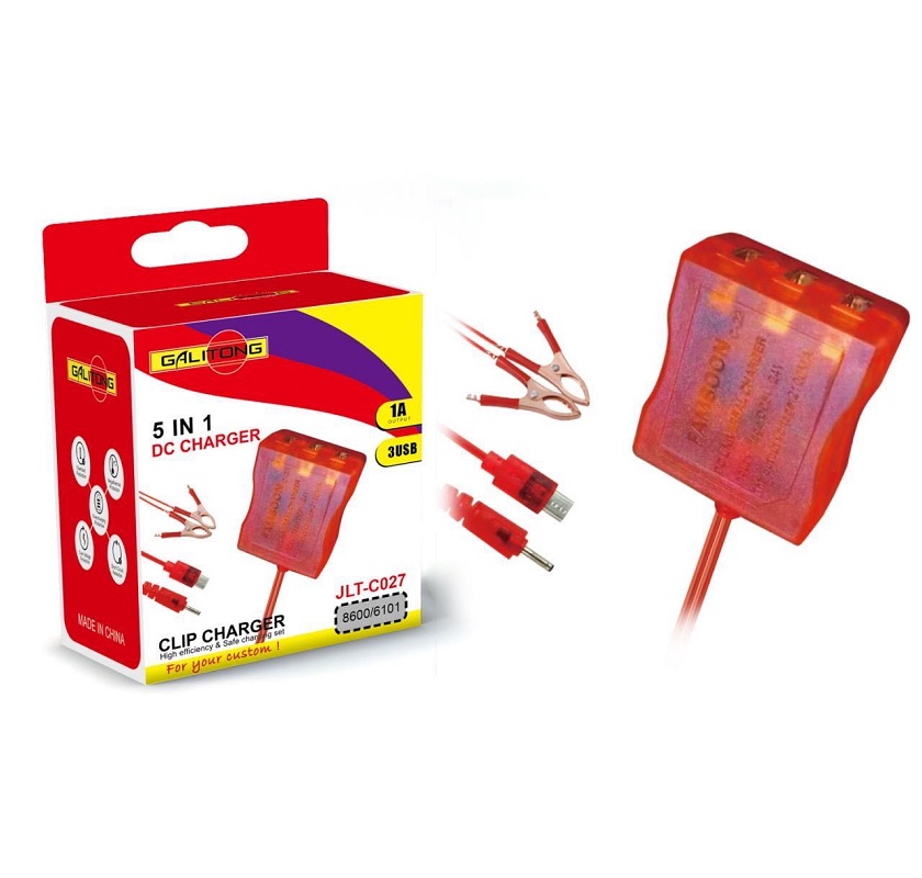 USB port clip charger, one tray, two clips charger, USB charger, battery clip charger Specification drawing