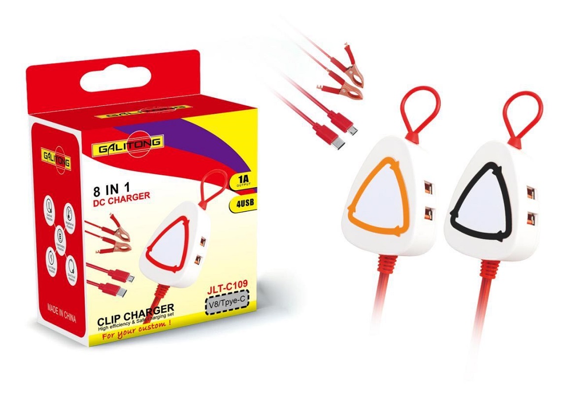 Clip charger, battery clip charger, USB port clip charger, mobile phone travel charger full figure
