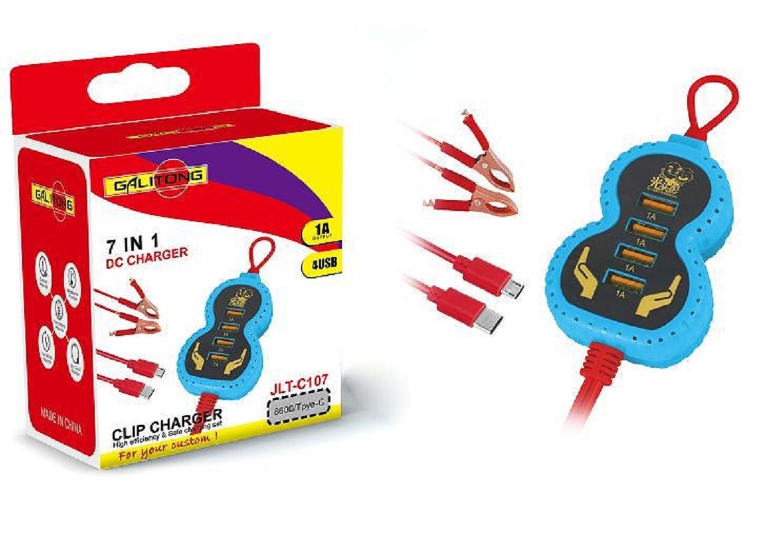 USB port clip charger, one tray, two clips charger, USB charger, battery clip charger full figure