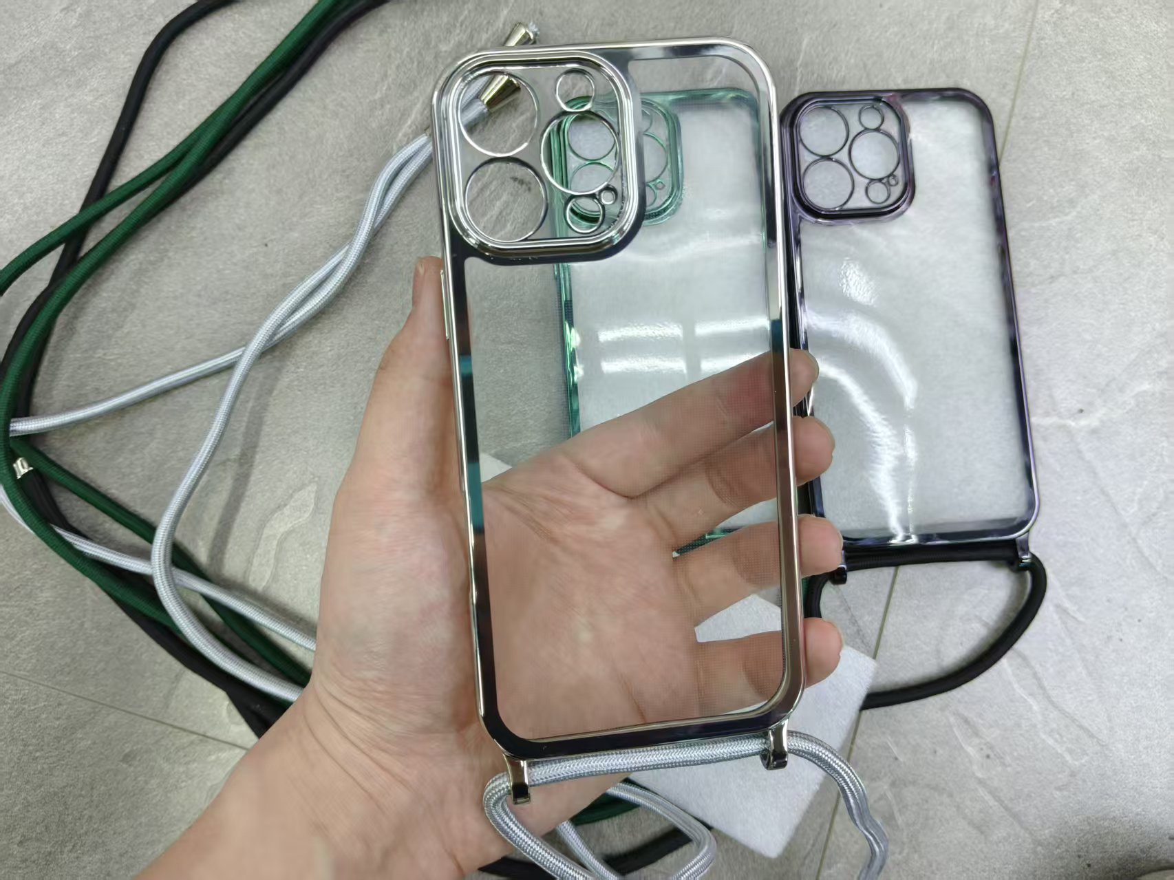 Electroplated edge transparent tpu lanyard phone case details Picture