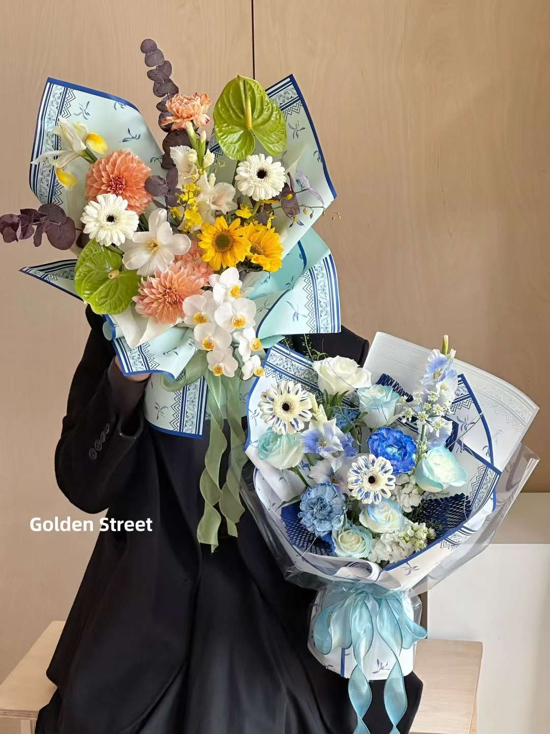 Pengfa Packaging Factory Store's blue and white porcelain thickened waterproof Ouya paper flower bouquet, special fresh flower wrapping paper for flower shops. Valentine's Day rainy Jiangnan fresh and elegant blue and white porcelain style packaging, making gift-giving super stylish detail image 7