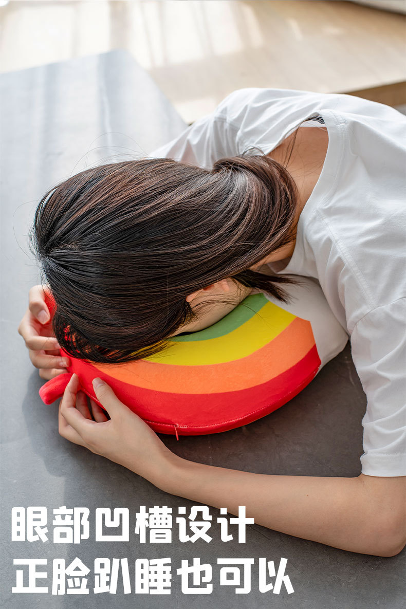 卡通印花彩虹记忆棉圆模U型枕 康乐屋办公旅行午休护颈枕飞机颈枕批发详情8