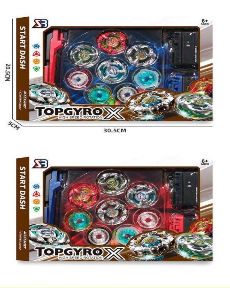 Handle + 2 large scale transmitter + 4 gyroscopes + 4 gyroscope feet + gyroscope disk. Fun, stress-relieving and casual rotating alloy gyroscope for children