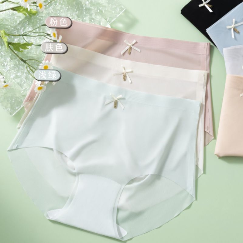 Wholesale of summer thin women's ice silk seamless mid-waist breathable cotton crotch bow women's ice silk triangle underwear Specification drawing