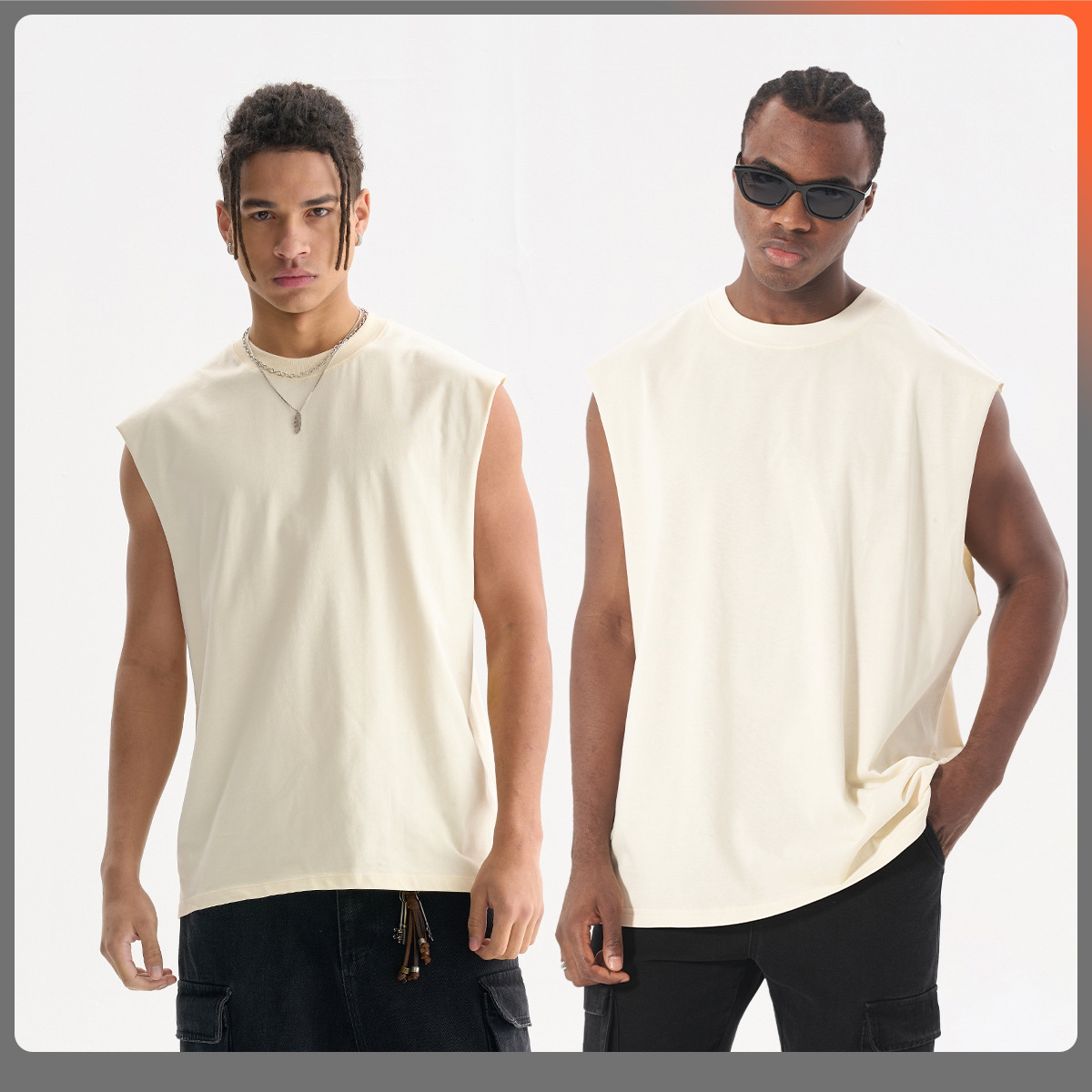 sleeveless T-shirt men's loose-edged pure cotton full figure