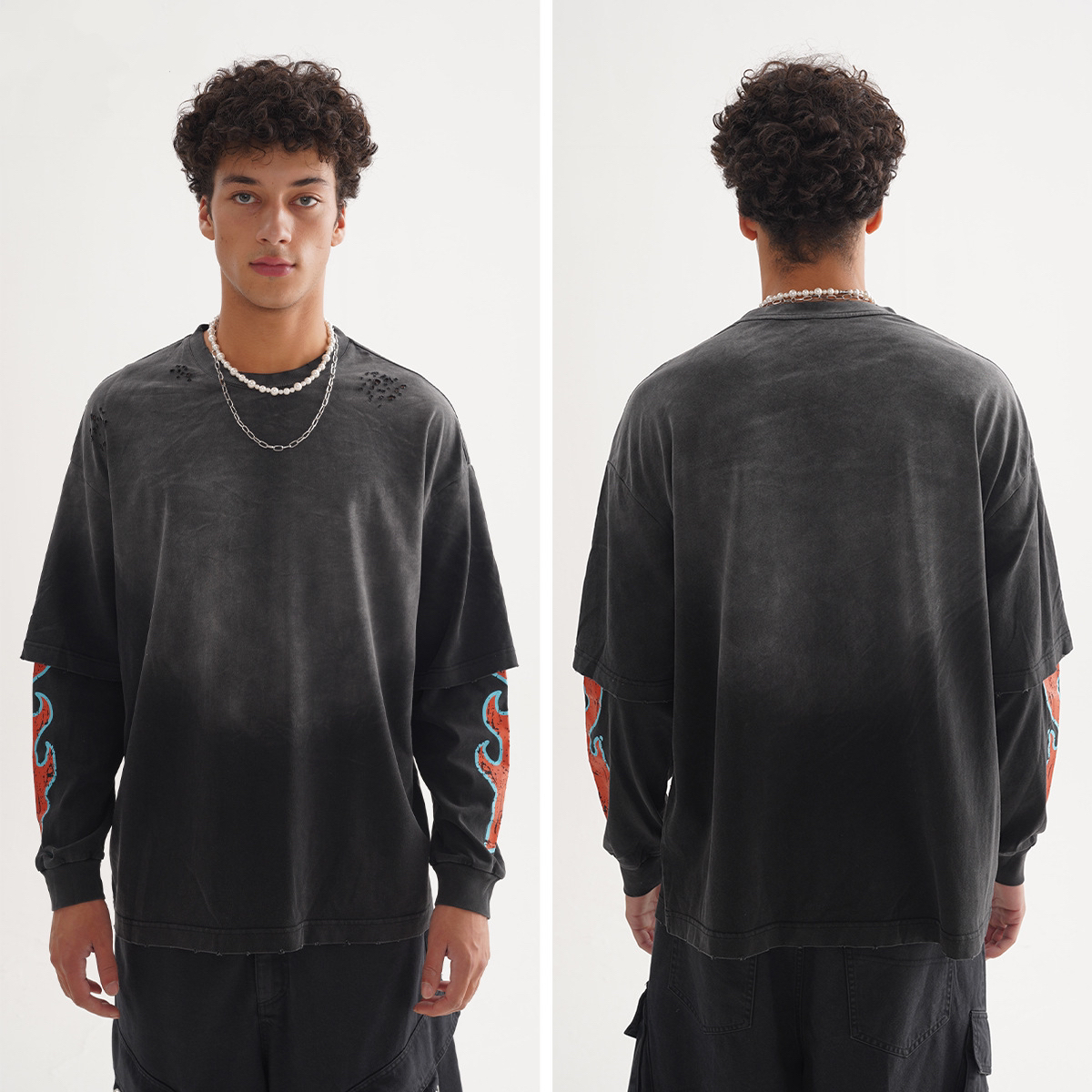 Fake two-piece turtle crack printed double yarn long sleeves