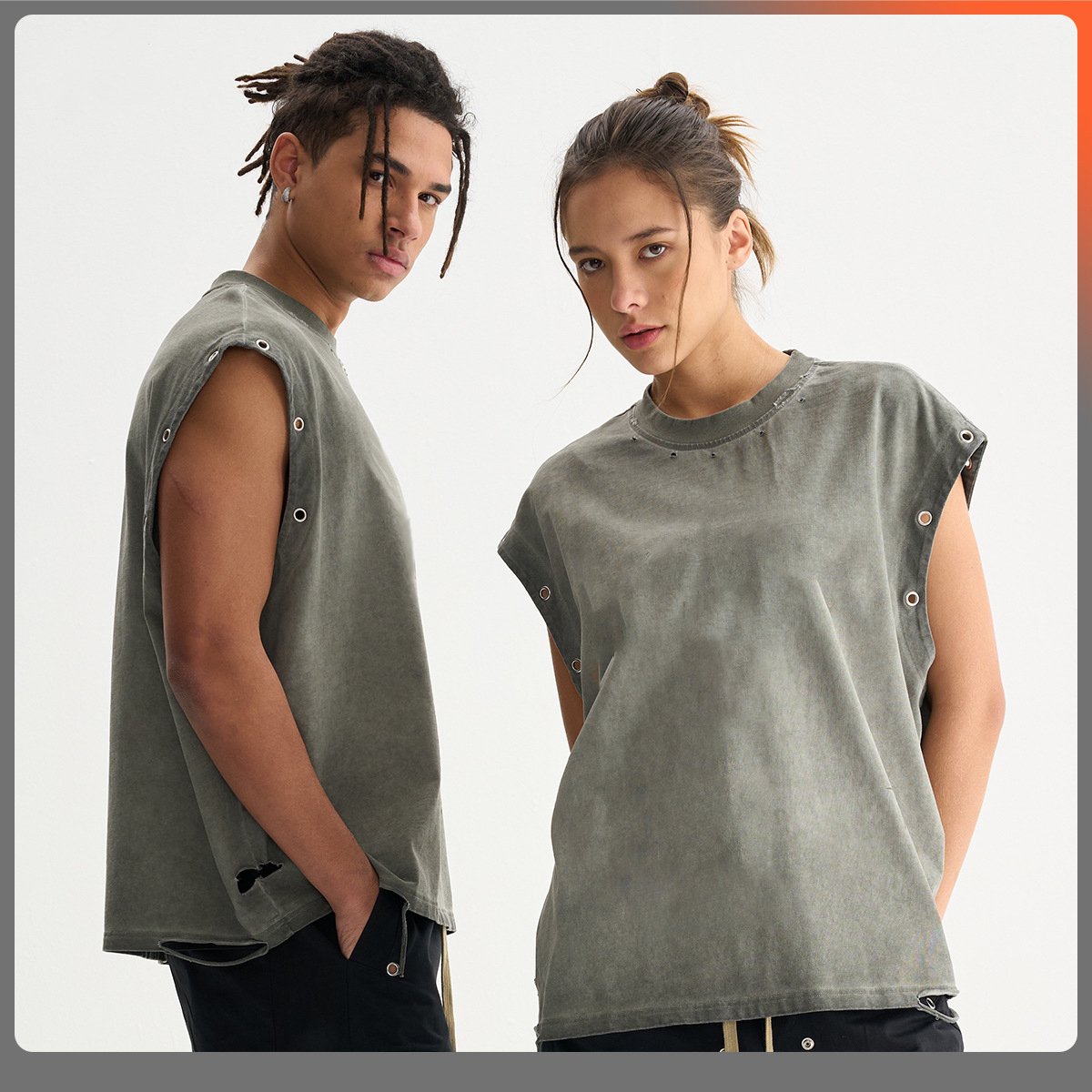 retro short wide sleeveless cotton washed men's T-shirt