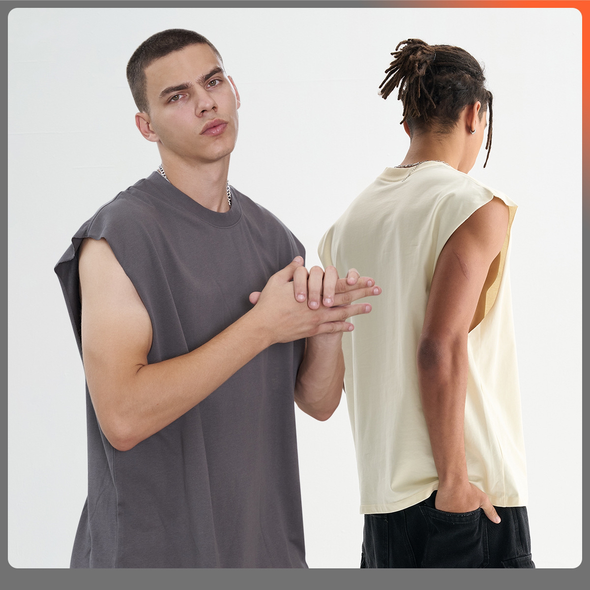 sleeveless T-shirt men's loose-edged pure cotton details Picture