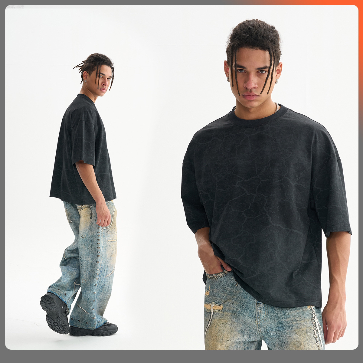 Retro style wasteland crack T-shirt men's fashion brand details Picture