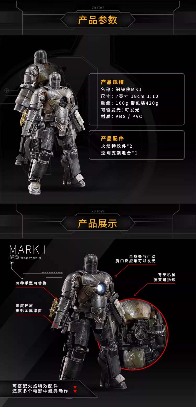 漫威钢铁侠中动正版手办mk1关节可动复仇者联盟摆件模玩礼盒装详情1