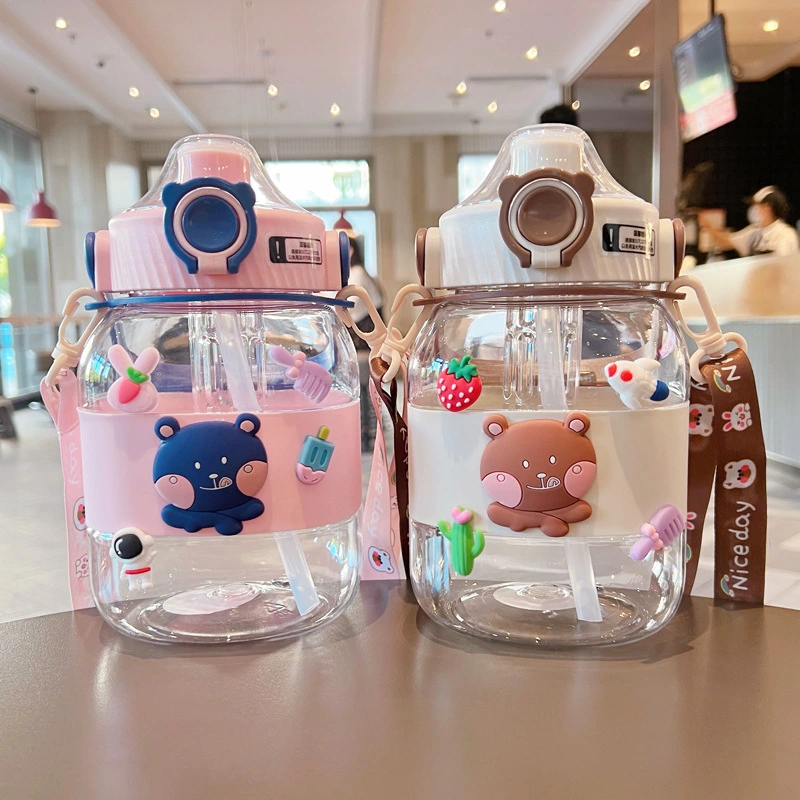X152-XBD-8033 Girls' large-capacity, popular and cute water cup, portable student bear water cup, children's square large-belted cup with tea strater detail image 5