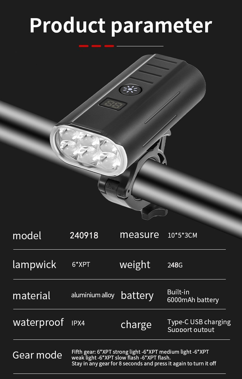 240918 фары 6 - ламповый алюминиевый сплав USB, заряжающий передние фары, велосипедные фонари, велосипедные фонари, которые ездят ночью в ярком свете pic 10