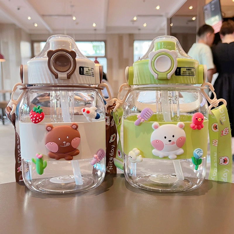 X152-XBD-8033 Girls' large-capacity, popular and cute water cup, portable student bear water cup, children's square large-belted cup with tea strater detail image 4