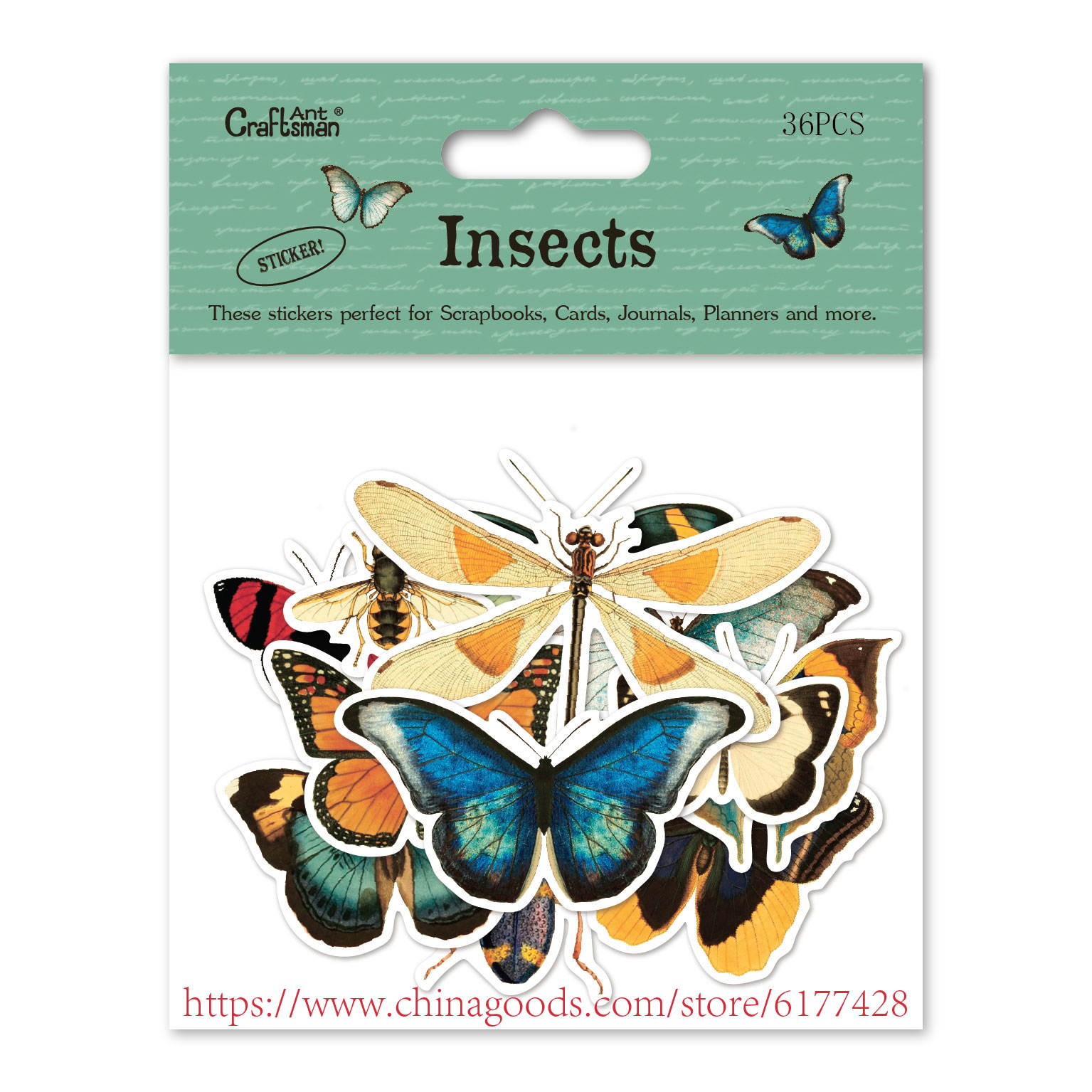 蝴蝶昆虫贴纸复古手账小贴画礼物包装封口贴节日装饰创意自粘不干胶标签36片