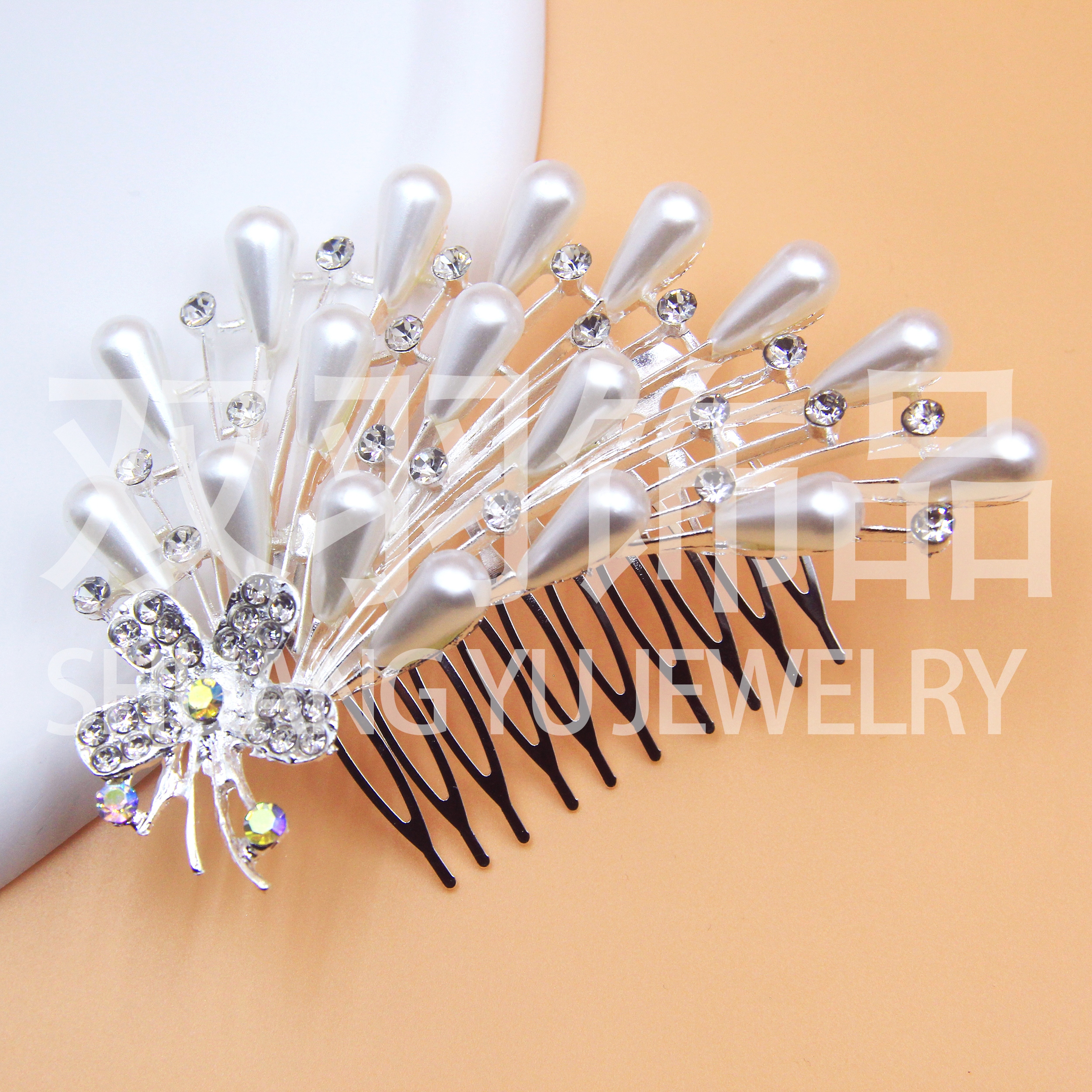 Rhinestone hairpin, fashionable pearl bun hair accessory, alloy material rhinestone and pearl accessory hair comb, gold and silver Specification image