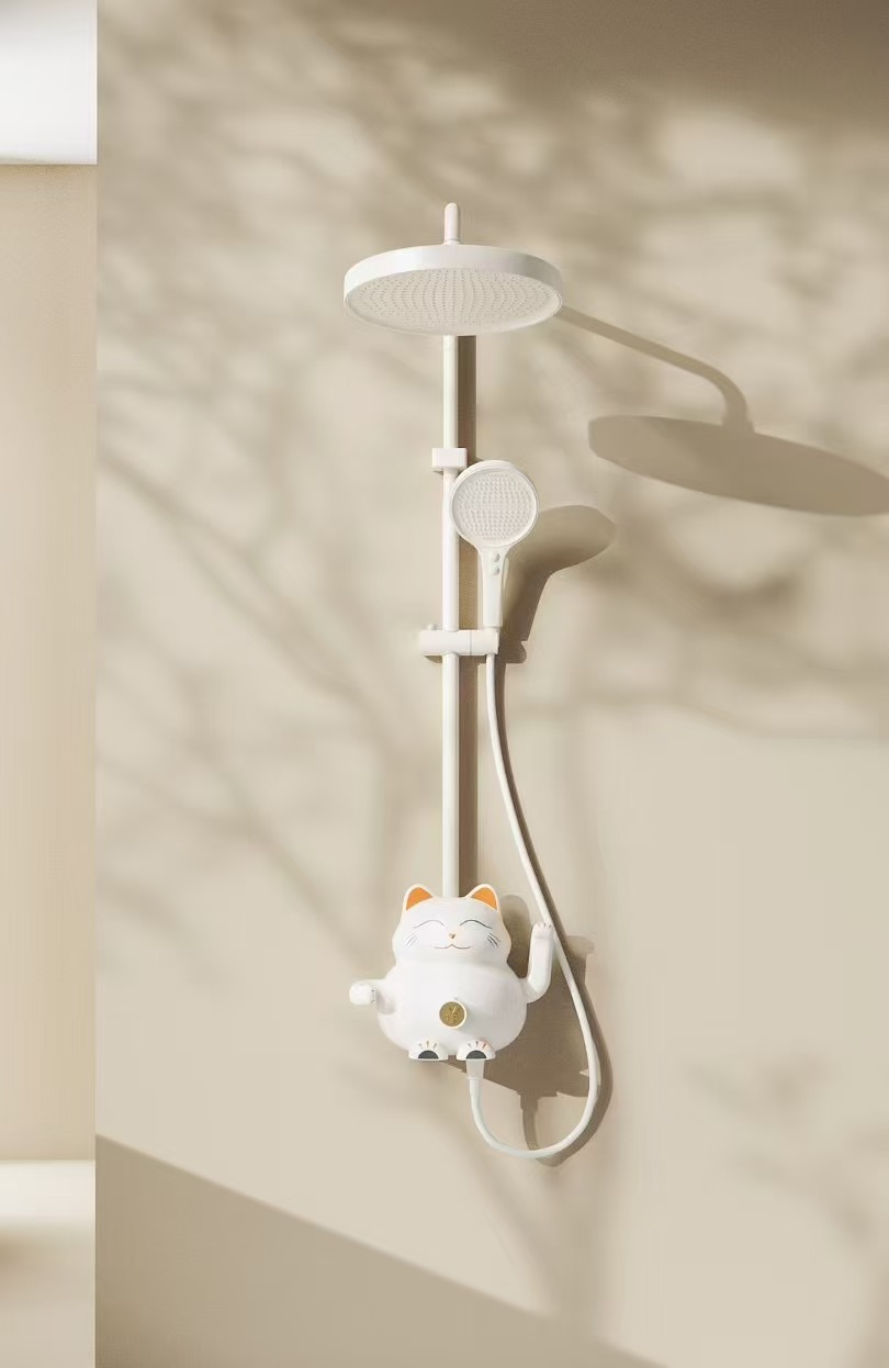 财源滚滚塑料外壳铜阀芯奶白招财猫不锈钢高杆淋浴屏细节图