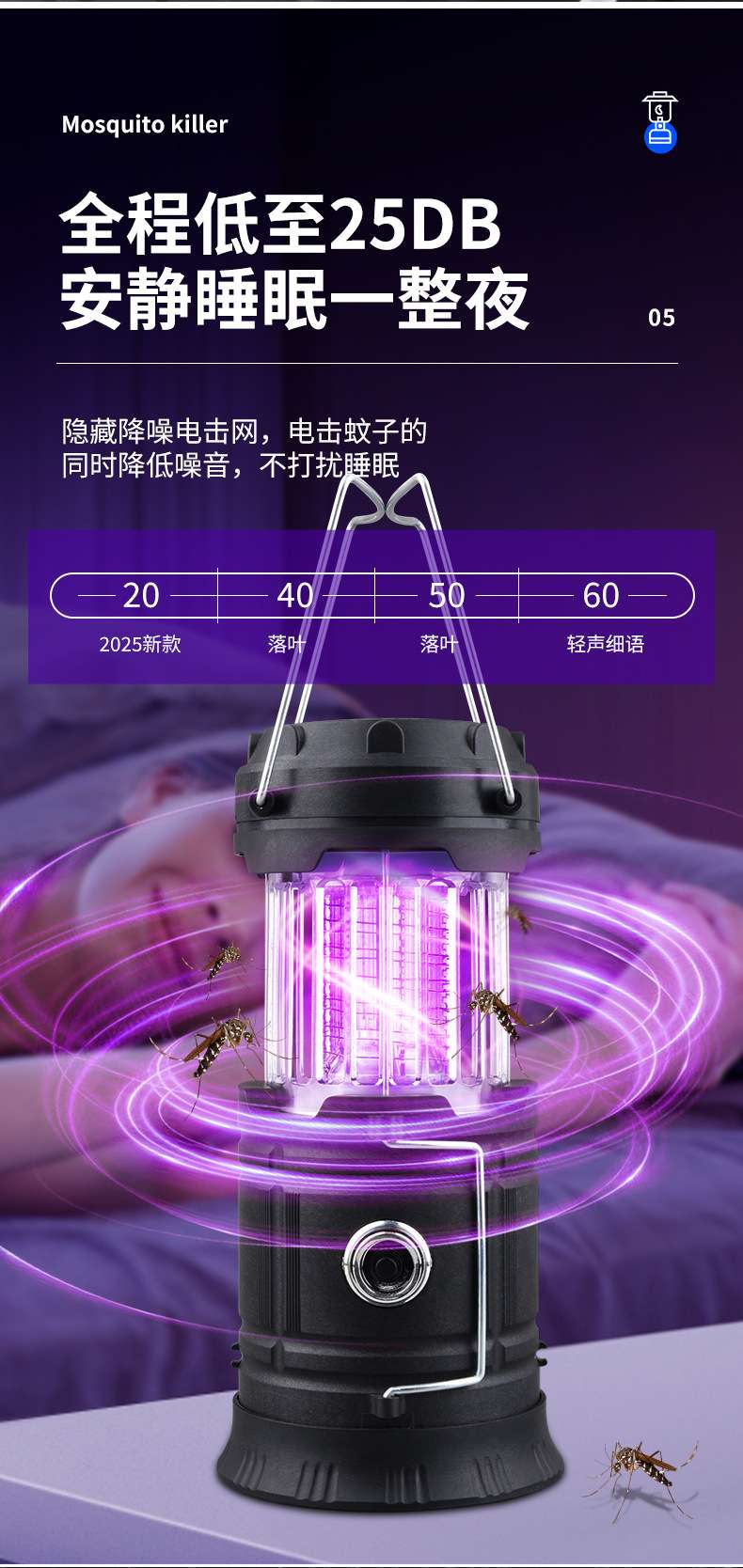 Led驱蚊灯充电野营户外露营灯太阳能手提伸缩灯紫光电机灭蚊灯详情图2