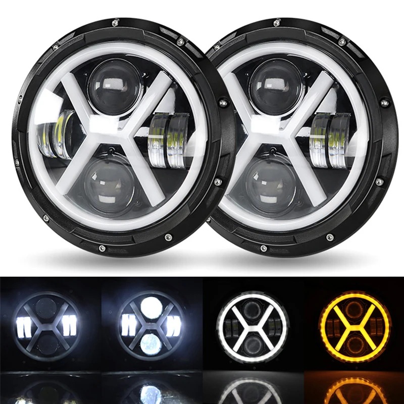 Applicable 7 inch Wrangler headlights H X type white and yellow light angel eyes Harley motorcycle spotlights General motorcycle car led lights full figure