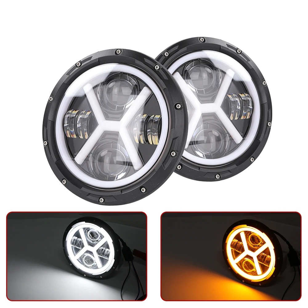 Applicable 7 inch Wrangler headlights H X type white and yellow light angel eyes Harley motorcycle spotlights General motorcycle car led lights Item Picture