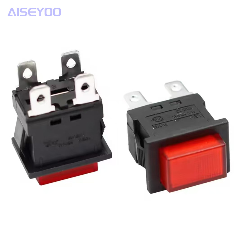 AC power button switch 21*15 square push-button switch, self-locking and self-resetting switch, four pins with red light details Picture