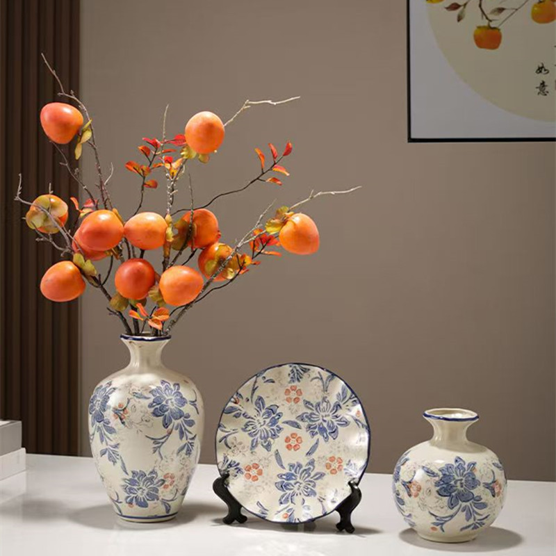 New underglaze colored ceramic 3-piece set, blue and white vintage vase, flower arrangement vases, dining table, wedding decoration ornaments