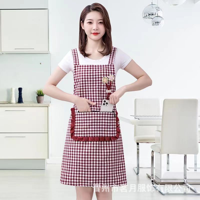 韩版时尚格子立体花棉布围裙厨房家用夏天透气花边拉链口袋背带工作洋气烘焙围腰