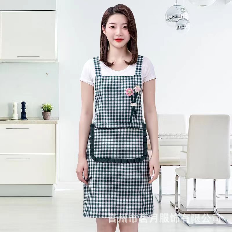 Korean-style fashionable checkered three-dimensional floral cotton apron for kitchen use, summer breathable lace zipper pocket strap, stylish work, baking waistband Specification image