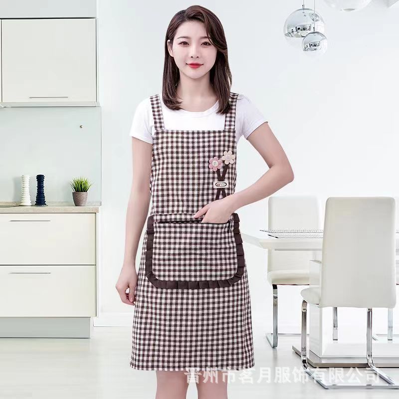 Korean-style fashionable checkered three-dimensional floral cotton apron for kitchen use, summer breathable lace zipper pocket strap, stylish work, baking waistband details Picture