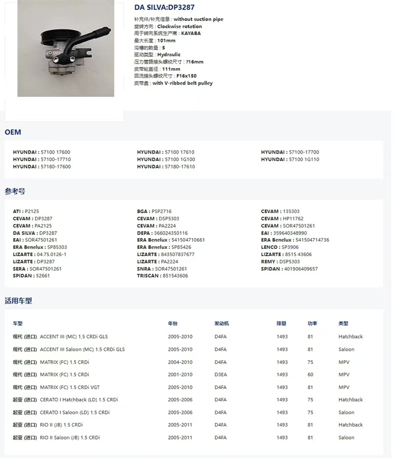 تنطبق قطع غيار السيارات على محرك Hyundai Matrix الحديث الذي يعمل بمحرك تحويل إلى مضخة 57100-17710 Application Scenario