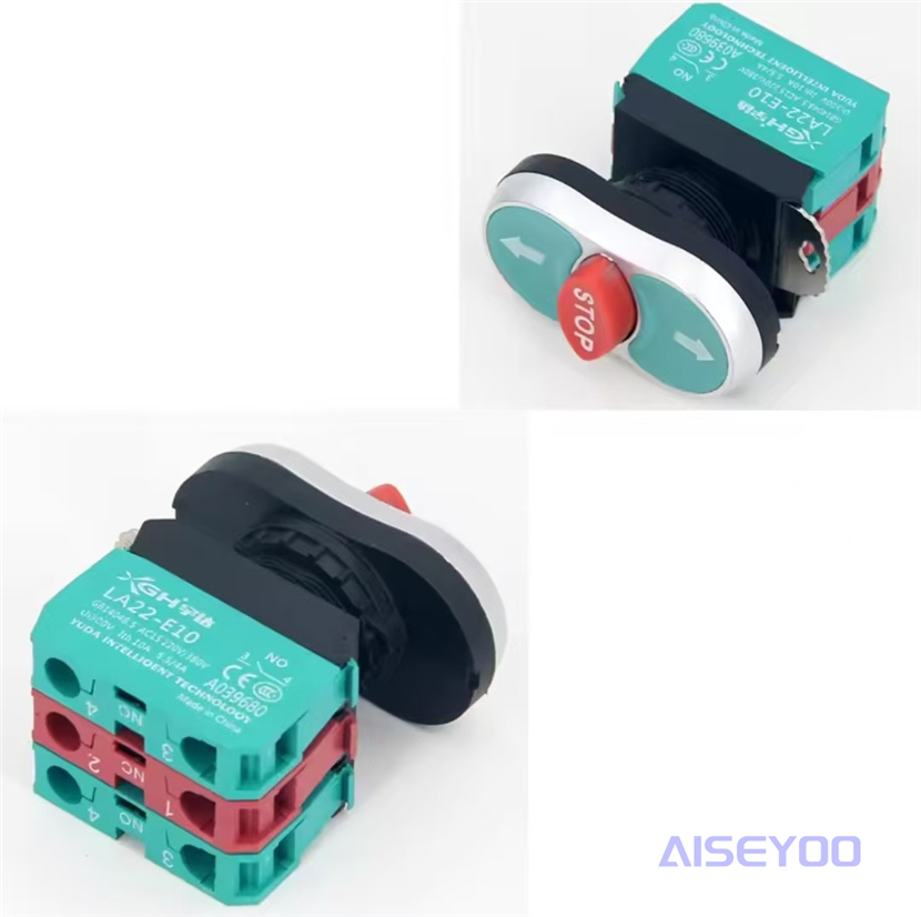 The LA22E module features a dual-position button with a light, a STOP self-resetting three-key control button, a 22mm red and green start and stop switch Item Picture