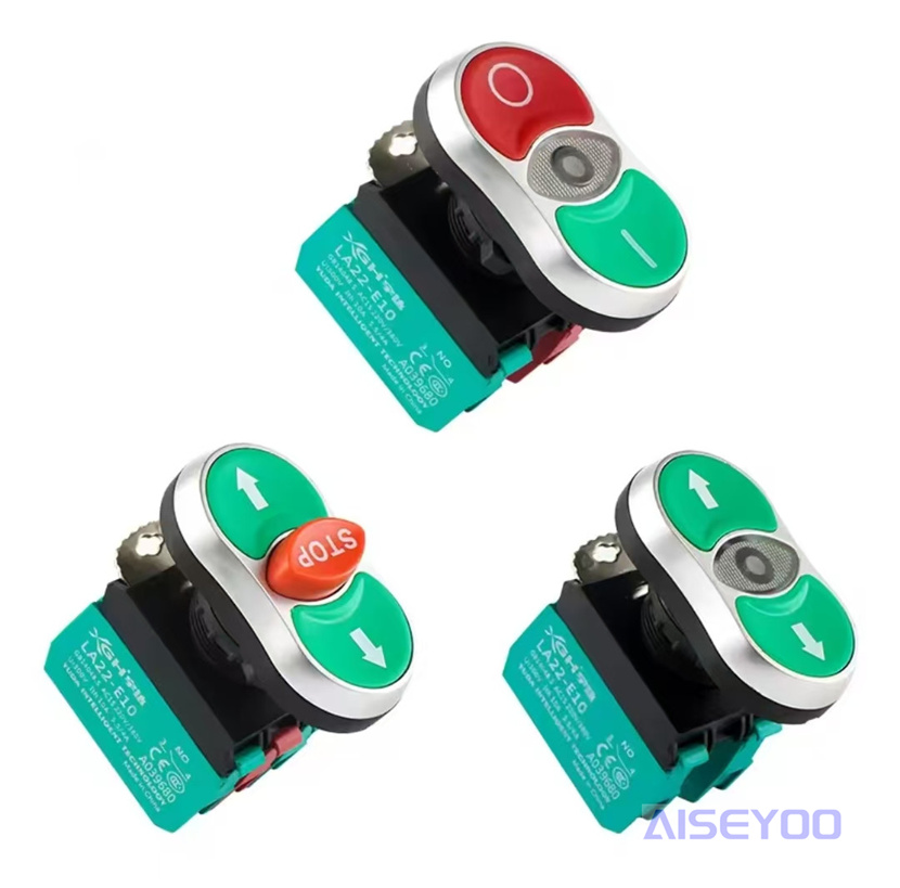 The LA22E module features a dual-position button with a light, a STOP self-resetting three-key control button, a 22mm red and green start and stop switch