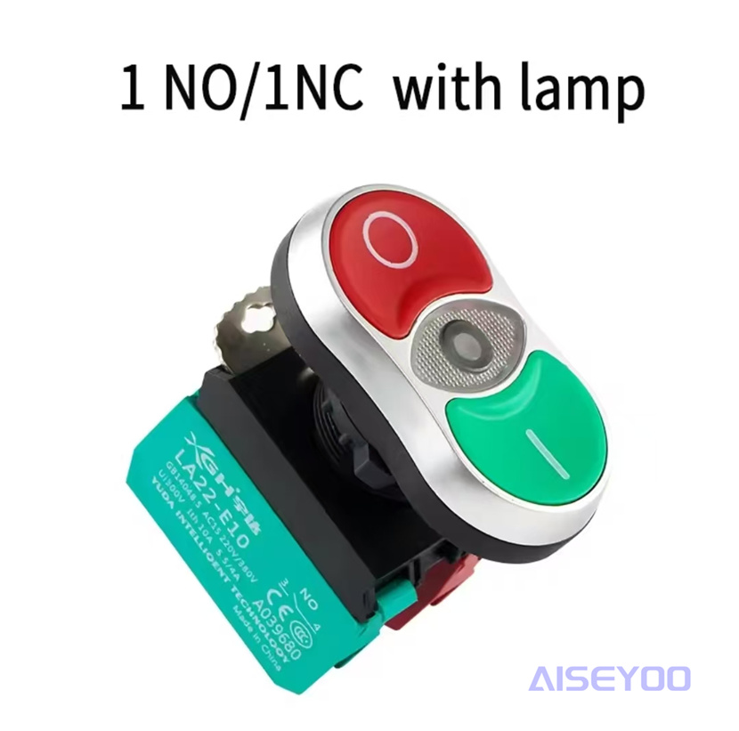 The LA22E module features a dual-position button with a light, a STOP self-resetting three-key control button, a 22mm red and green start and stop switch details Picture