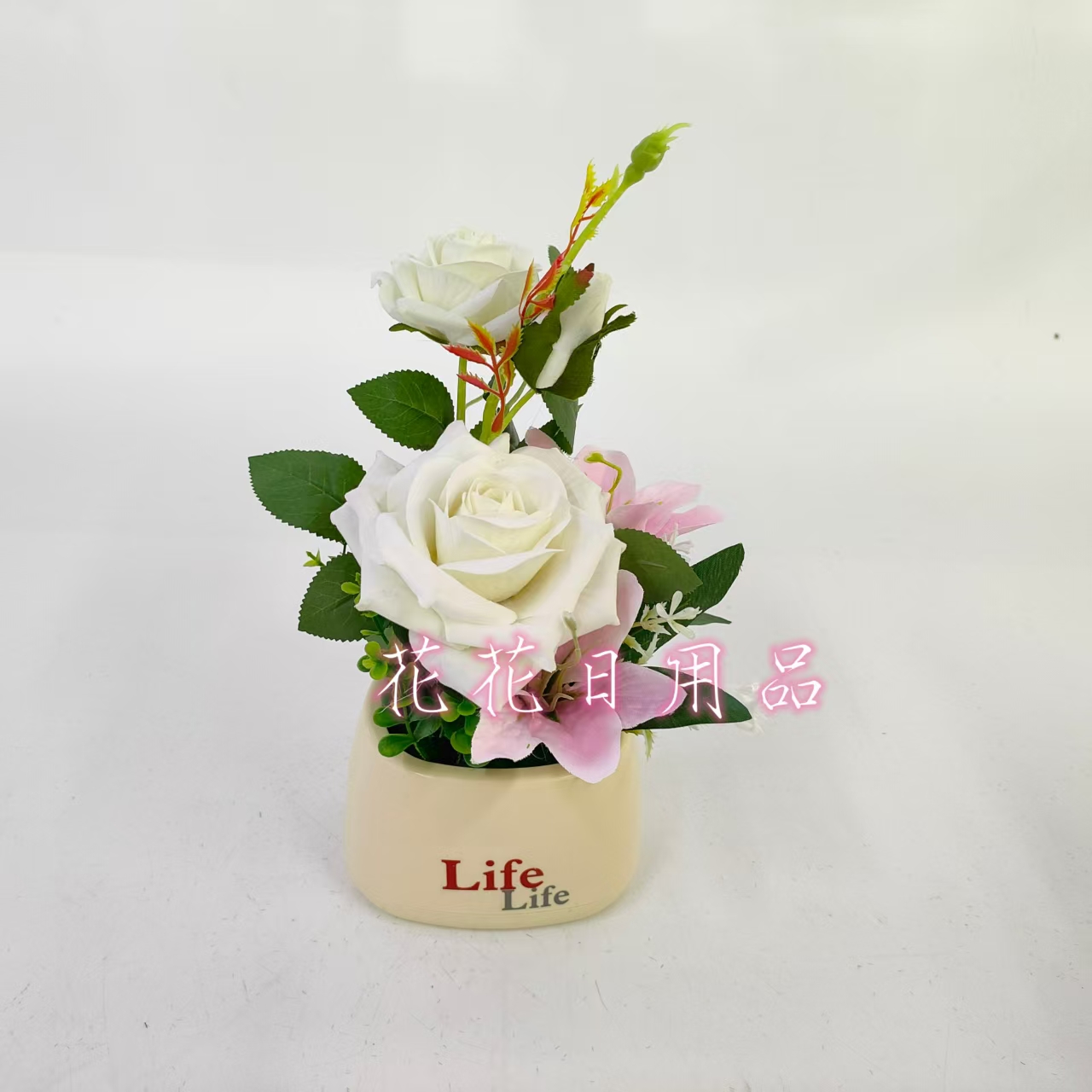 Artificial flower fake flower bonsai plastic basin rolled edge rose decoration pieces details Picture