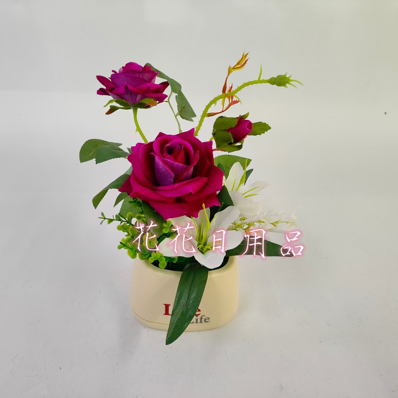 Artificial flower fake flower bonsai plastic basin rolled edge rose decoration pieces Specification drawing