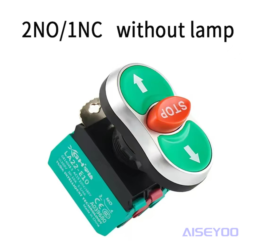 The LA22E module features a dual-position button with a light, a STOP self-resetting three-key control button, a 22mm red and green start and stop switch Specification image