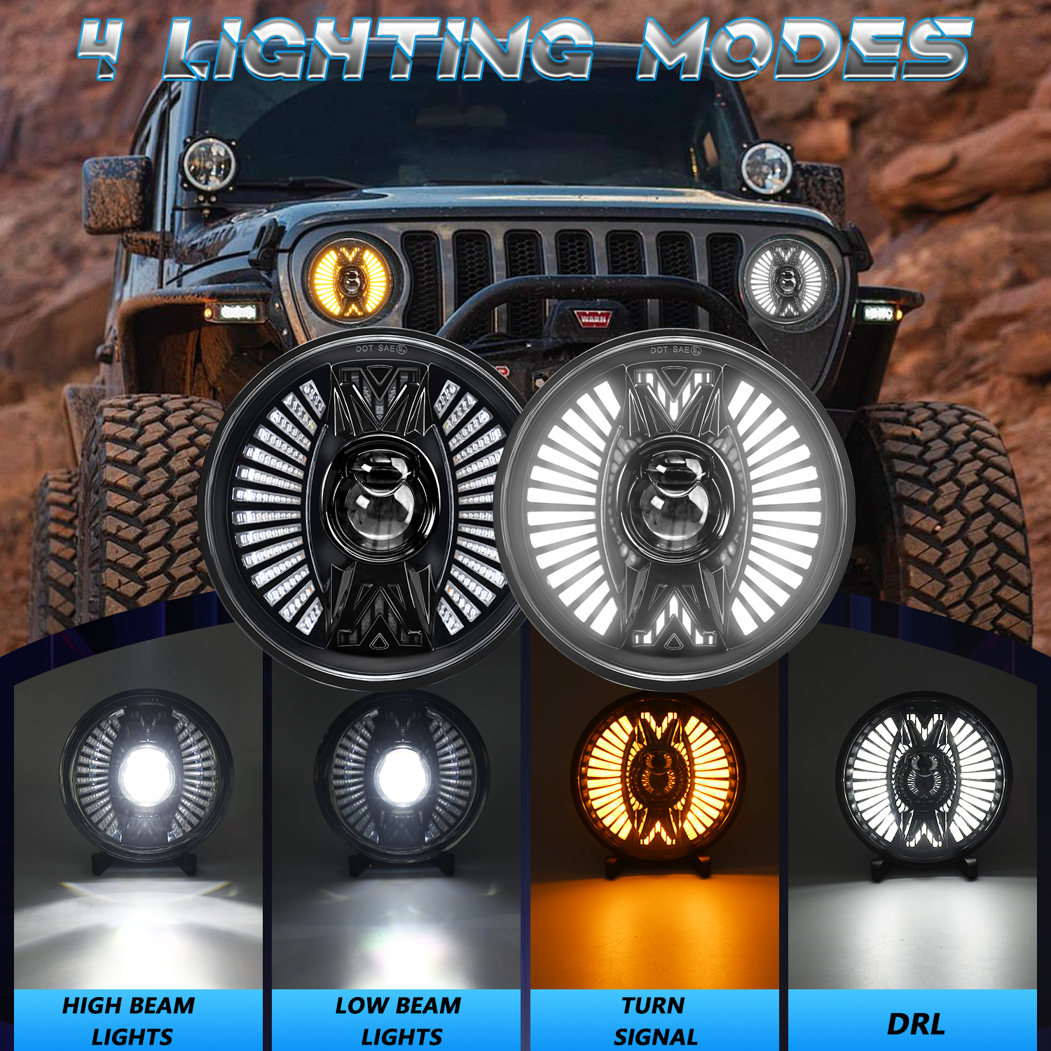 The LED headlights of the Wrangler have been changed to high beams. The 7-inch dual-color yellow light has been shifted to daytime running lights, lens LED lights and spotlights Application Scenario